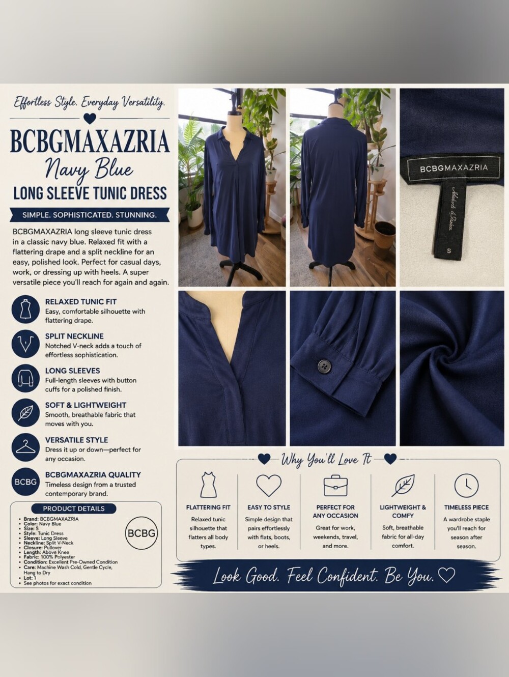 BCBGMAXAZRIA Navy Blue Long Sleeve Tunic Dress Size S  (Lot 1)